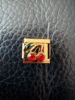 Gold tone Italian Charm with Red Gemstone Cherry Accent
